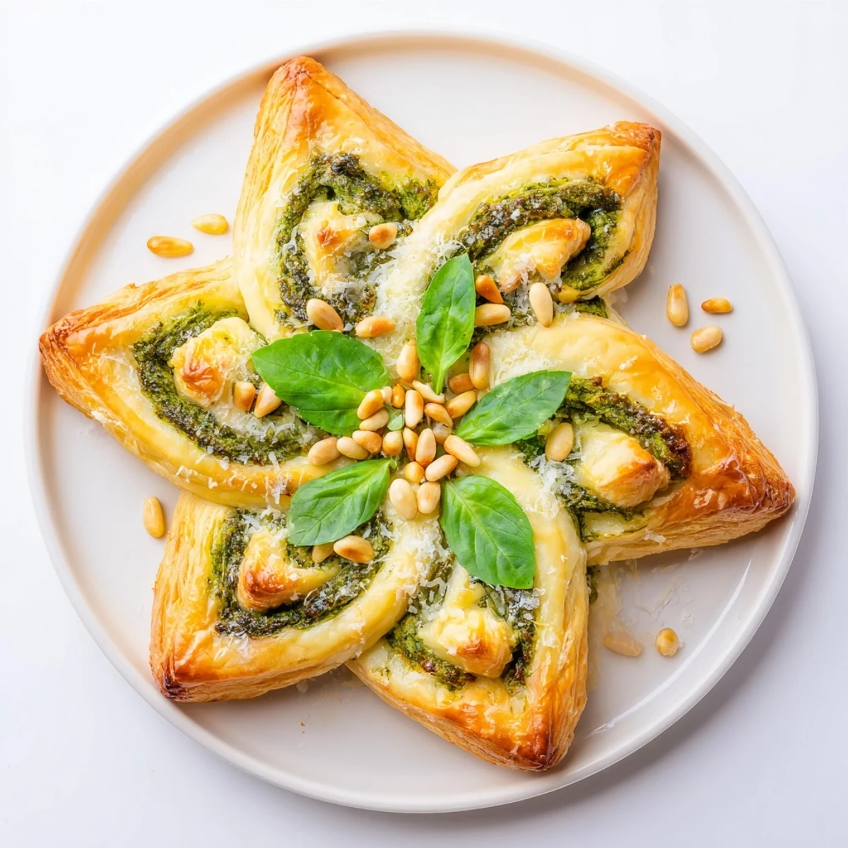 Baking sheet of savory star-shaped pesto pinwheels, freshly baked and ready for a tasty party snack.