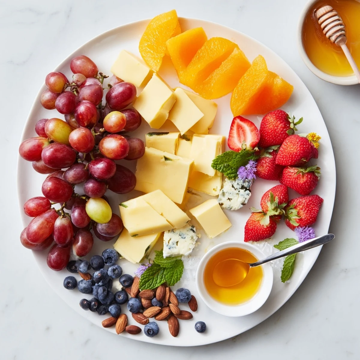 A colorful Grapes of Fortune dessert board overflowing with fresh grapes and diverse sweets.