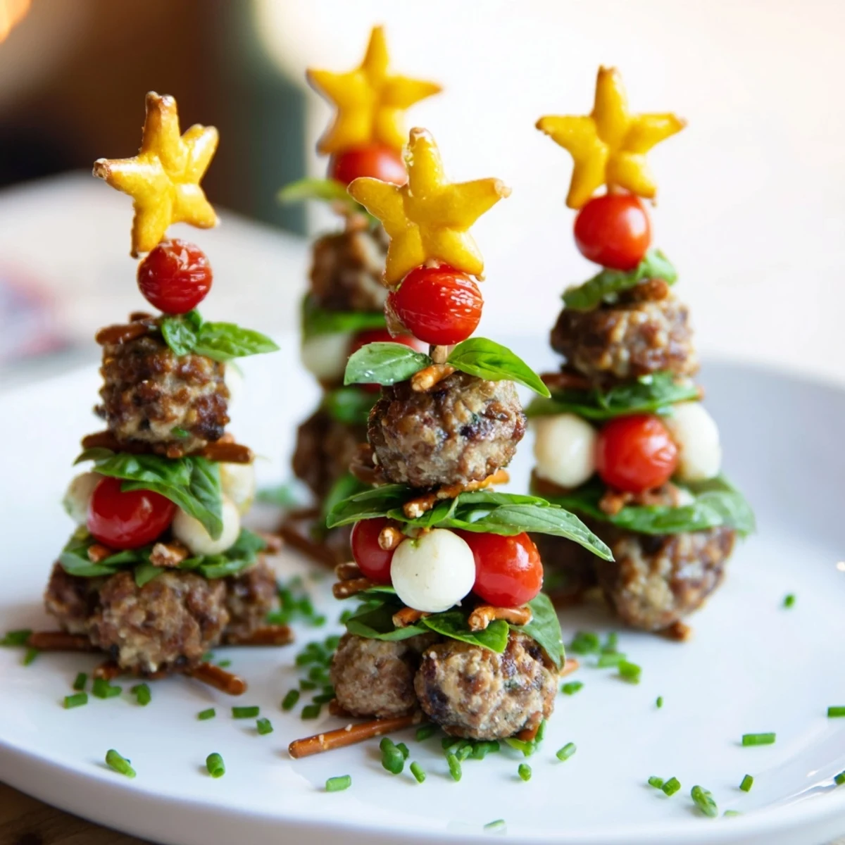 Savory Bites: Mini Meatball Christmas Trees with vibrant toppings, a visually appealing appetizer for sharing.