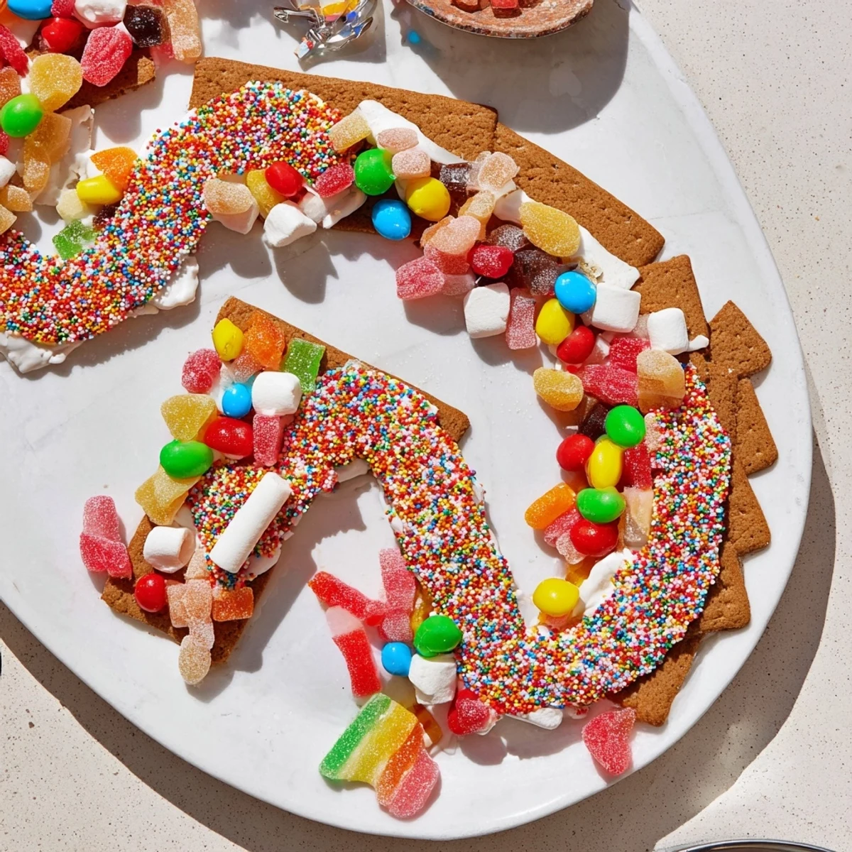 Whimsical Candy Land gingerbread path dessert board overflowing with colorful candies and sweets.