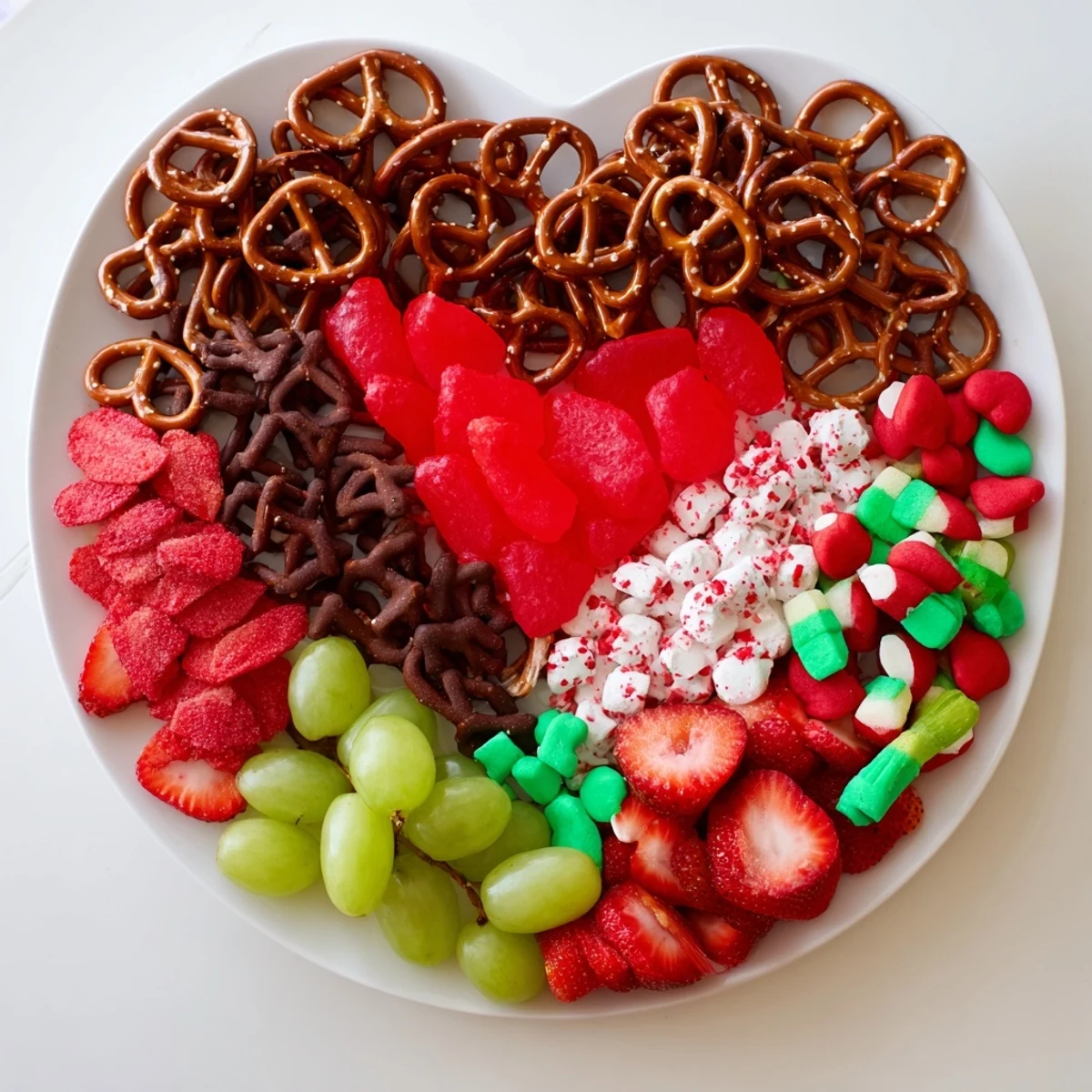 Festive Grinch's Heart Pretzel Board: a colorful platter filled with pretzels, fruits and sweet dips.