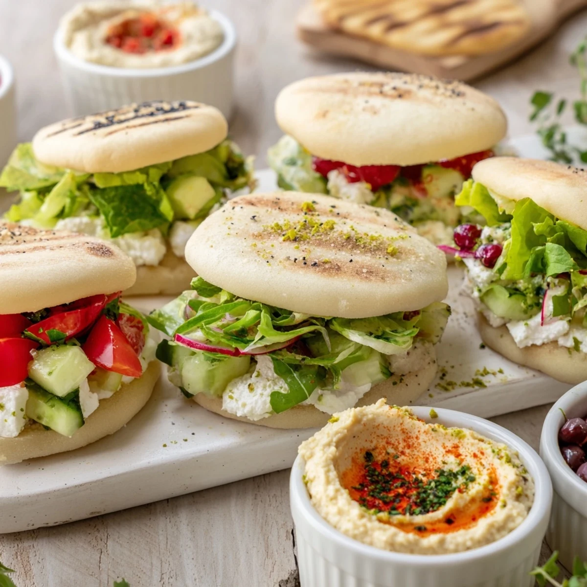 Filled mini pita pockets with fresh veggies alongside vibrant hummus bowls, perfect for a Mediterranean Savory Board.