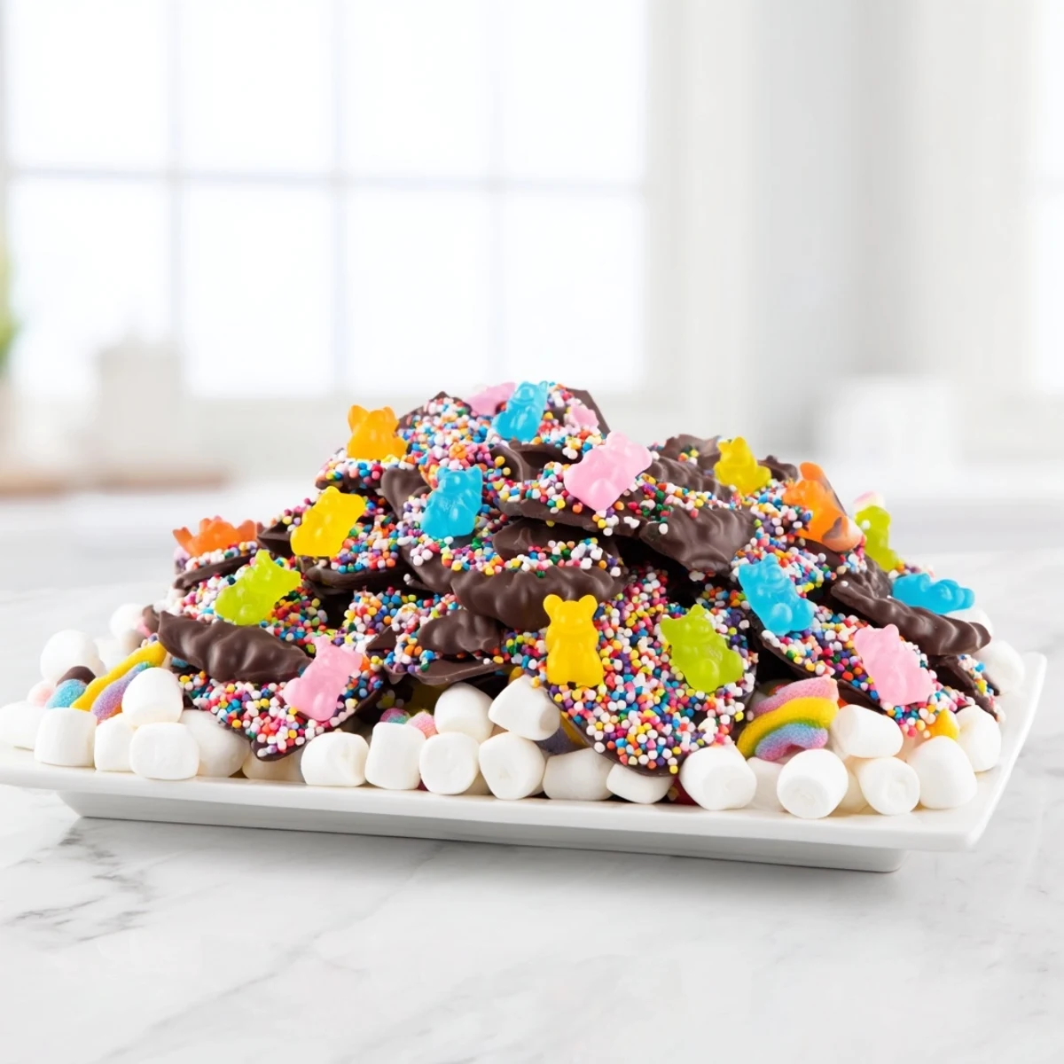 Colorful gummy bears and crushed candy canes scattered atop a smooth layer of white chocolate.