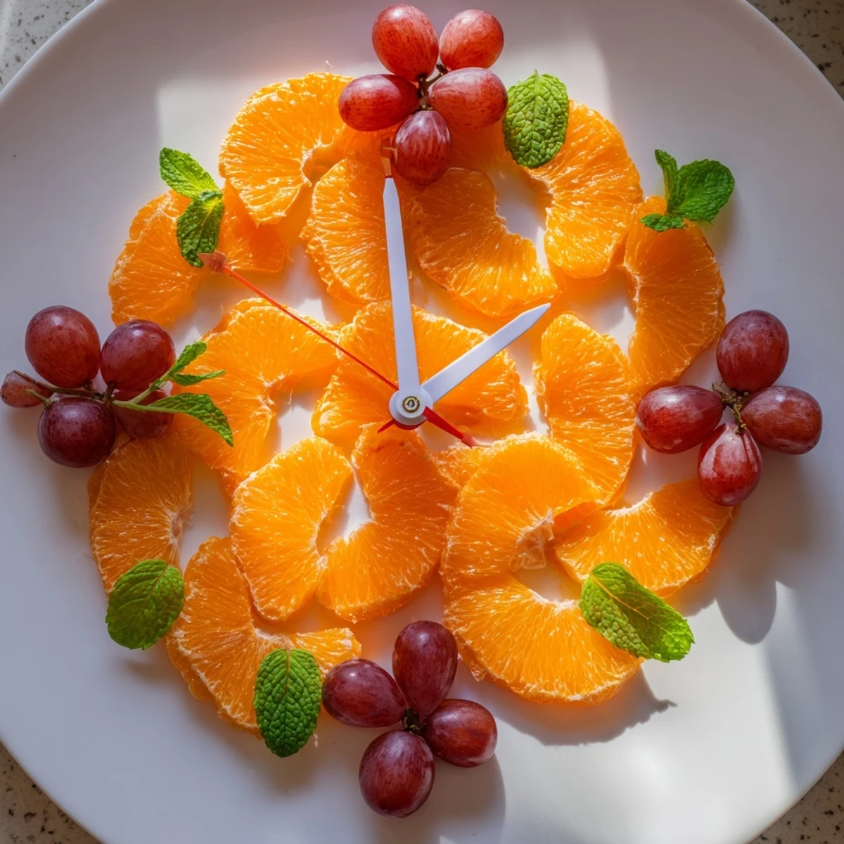 Presenting the delightful Grape and Orange Slice Clock Face: a quick and easy fruit platter for kids or parties.