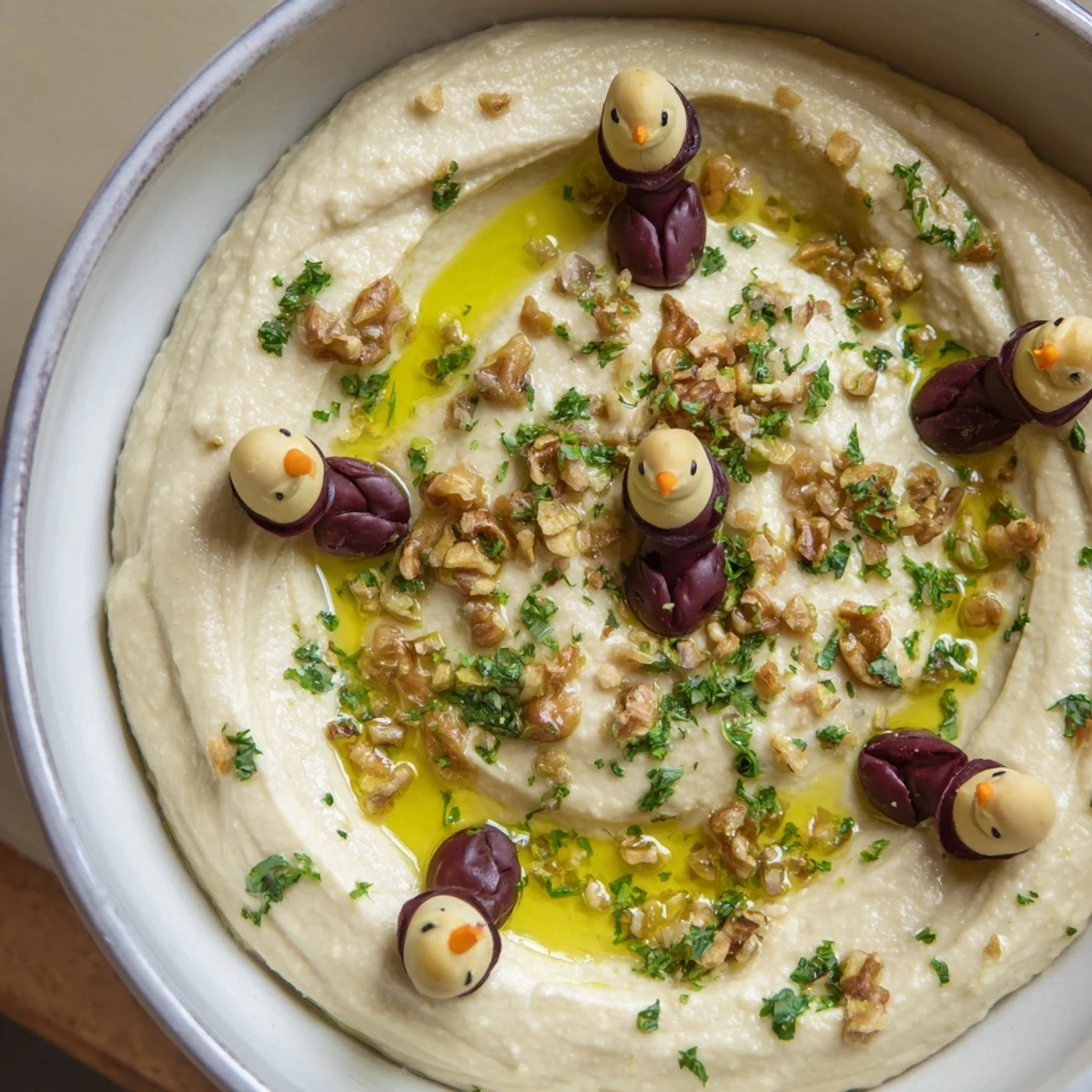 Creamy winter dip featuring white beans, topped with adorable olive penguin garnishes.