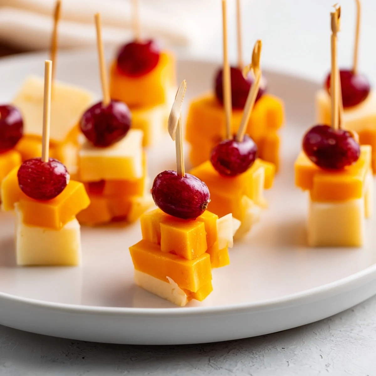 Fresh cheese and grape skewers, a colorful appetizer featuring cheddar, gouda, and juicy grapes.