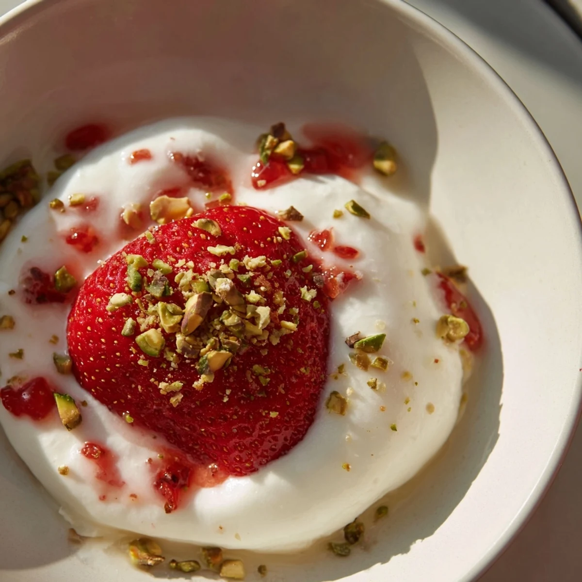 Yogurt-dipped strawberry halves glistening, showing creamy yogurt coating perfectly frozen, ready to eat.