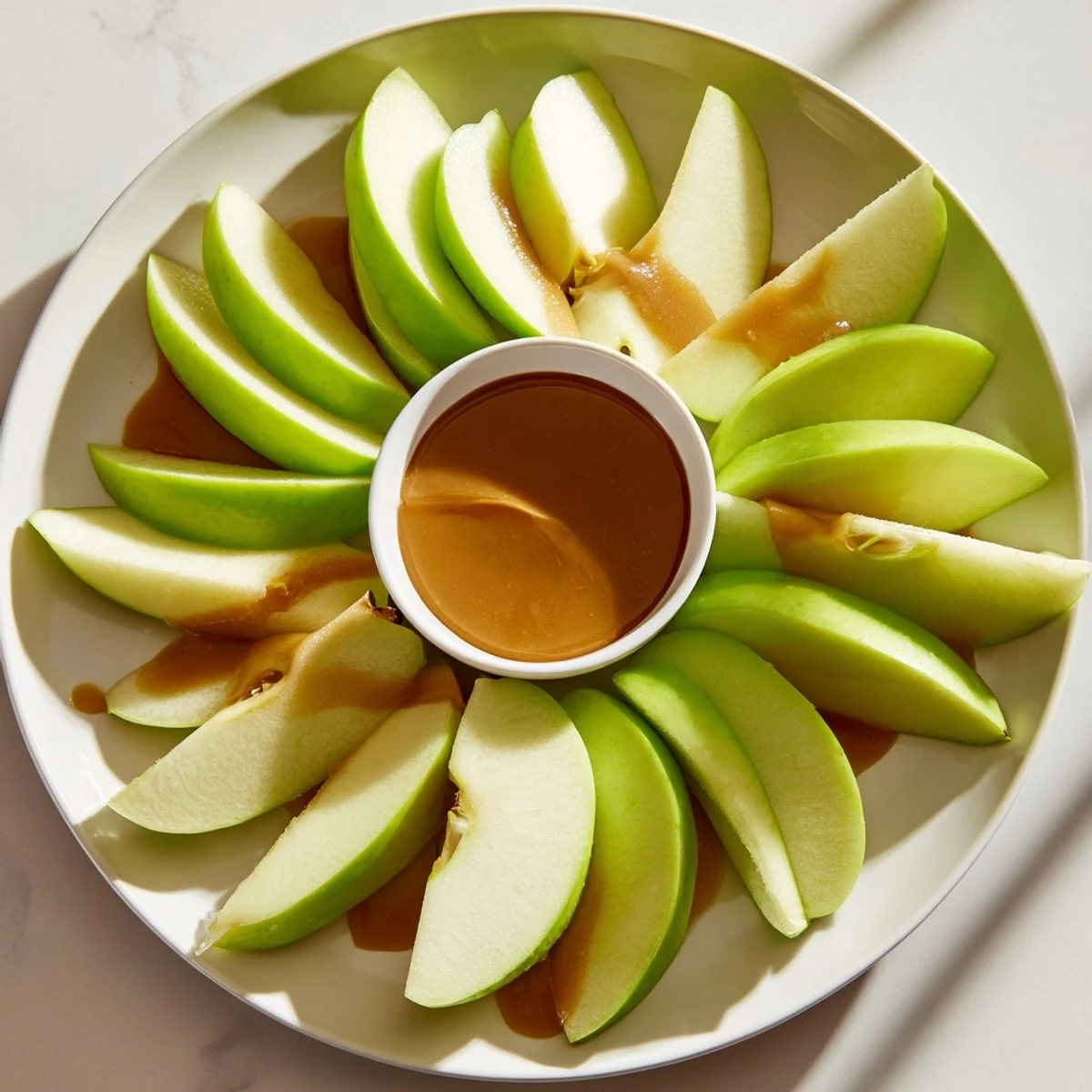 Imagine the sweet flavor: fresh Apple Slices surrounding a decadent, thick caramel dip for a snack.