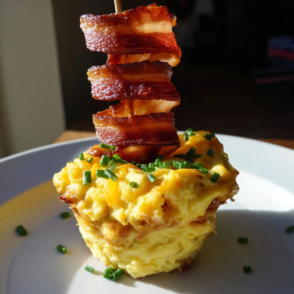 Perfectly cooked Scrambled Egg Cups, filled with cheese and savory bacon strips, ready to eat.