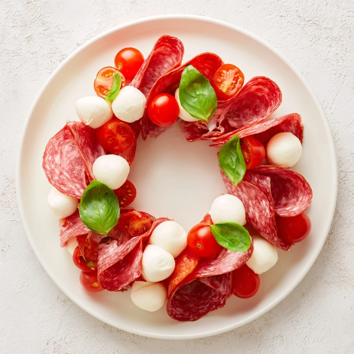 Folded salami wreath arranged with vibrant mini mozzarella and cherry tomatoes on a platter.