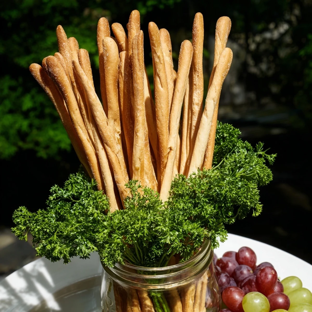 A "Vertical Forest" appetizer: breadsticks stand tall in jars, surrounded by grapes and parsley.