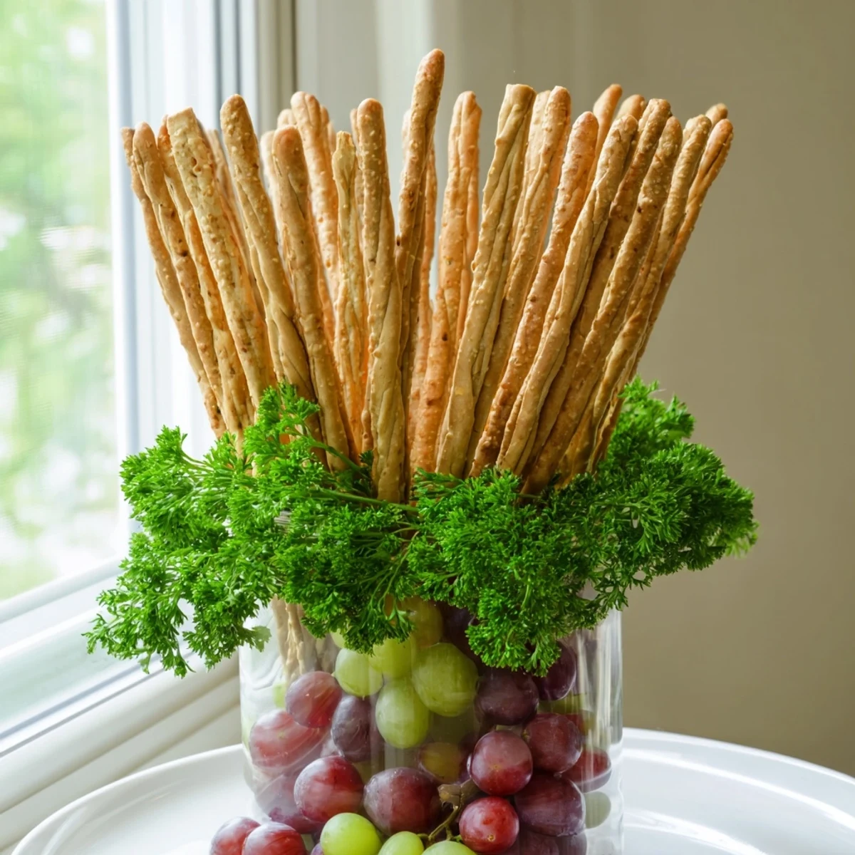 Vibrant "Vertical Forest" arrangement: reach for crunchy breadsticks nestled amongst fresh grapes.