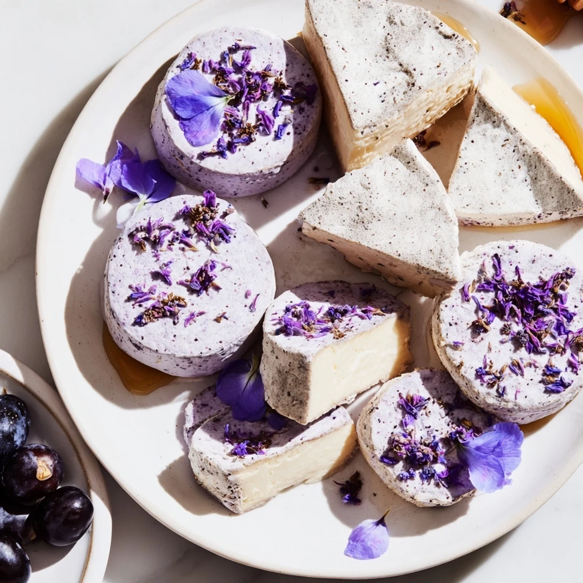 This The Lavender Haze cheese board offers a beautiful array of brie, grapes, and nuts.