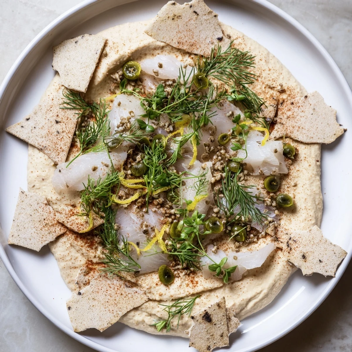 Vibrant image: Driftwood Beach appetizer with flaky smoked fish, creamy hummus, and crisp crackers.