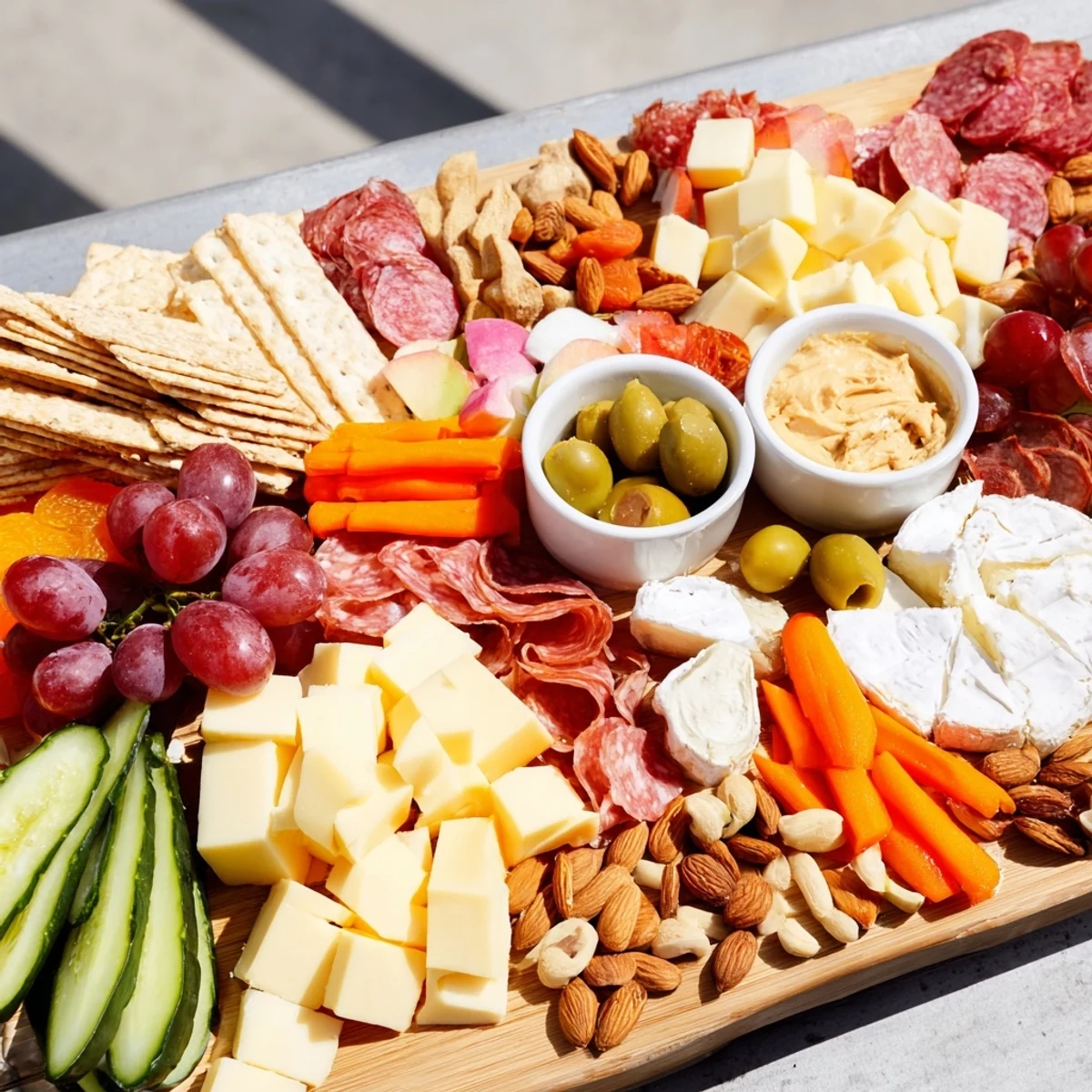 Picnic Basket Snack Board: A colorful assortment of cheeses, fruits, and crackers perfect for your outdoor feast.