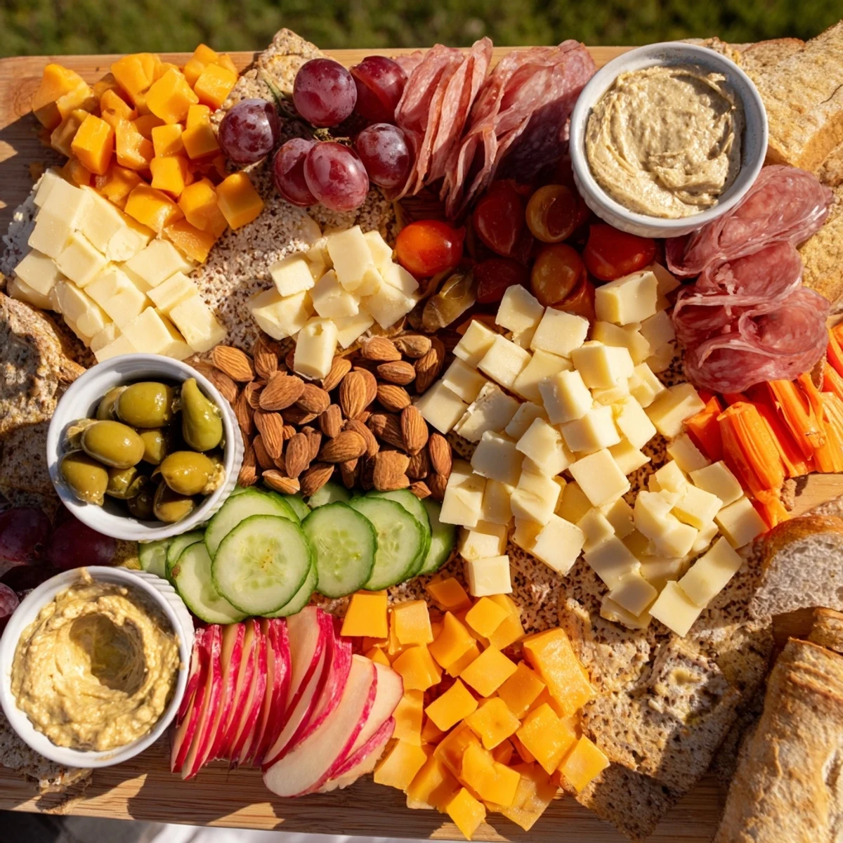 This Picnic Basket Snack Board offers a delightful spread, featuring fresh fruit and savory cured meats.