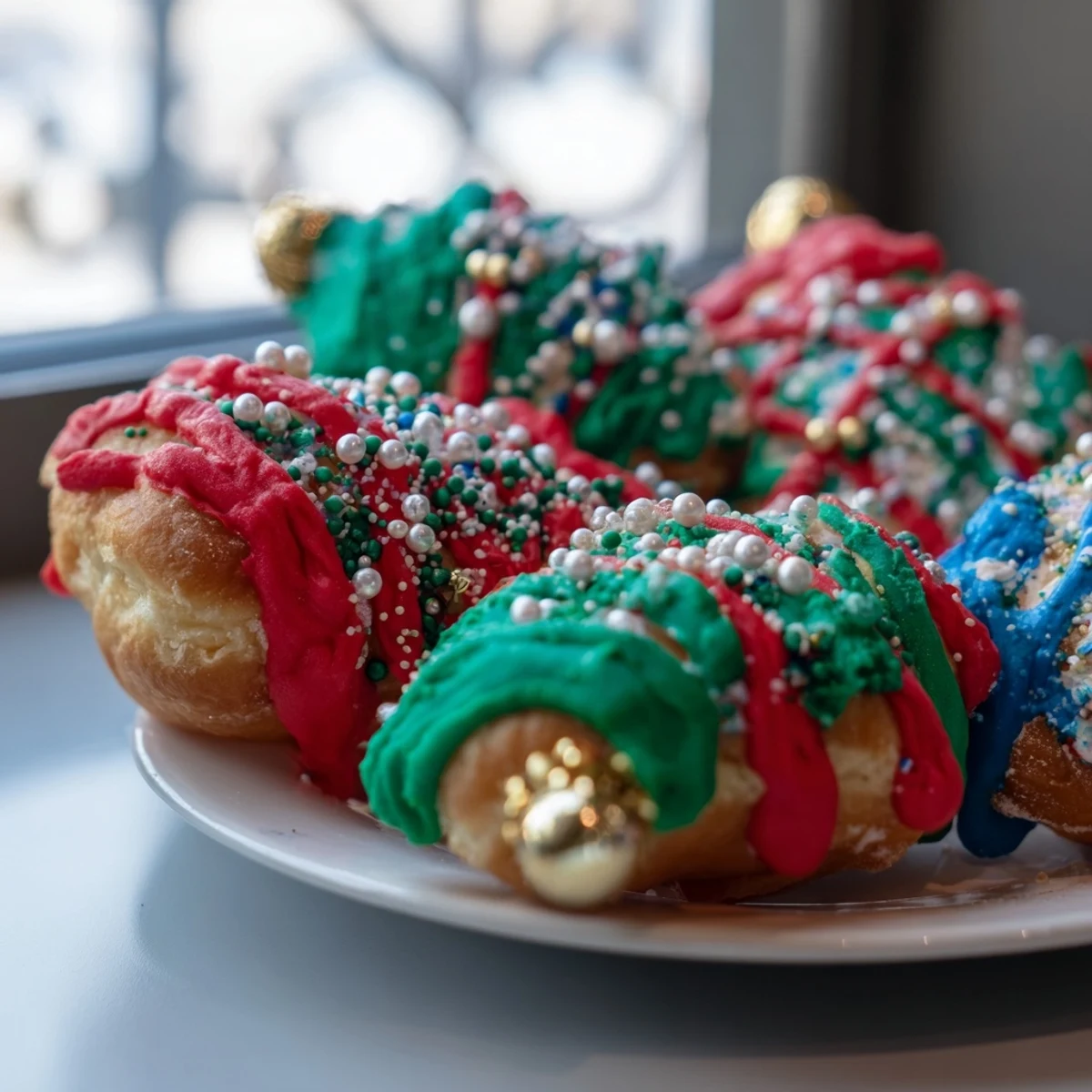 Warm, freshly fried Christmas Ornament Beignets, generously dusted with powdered sugar and colorful sprinkles.