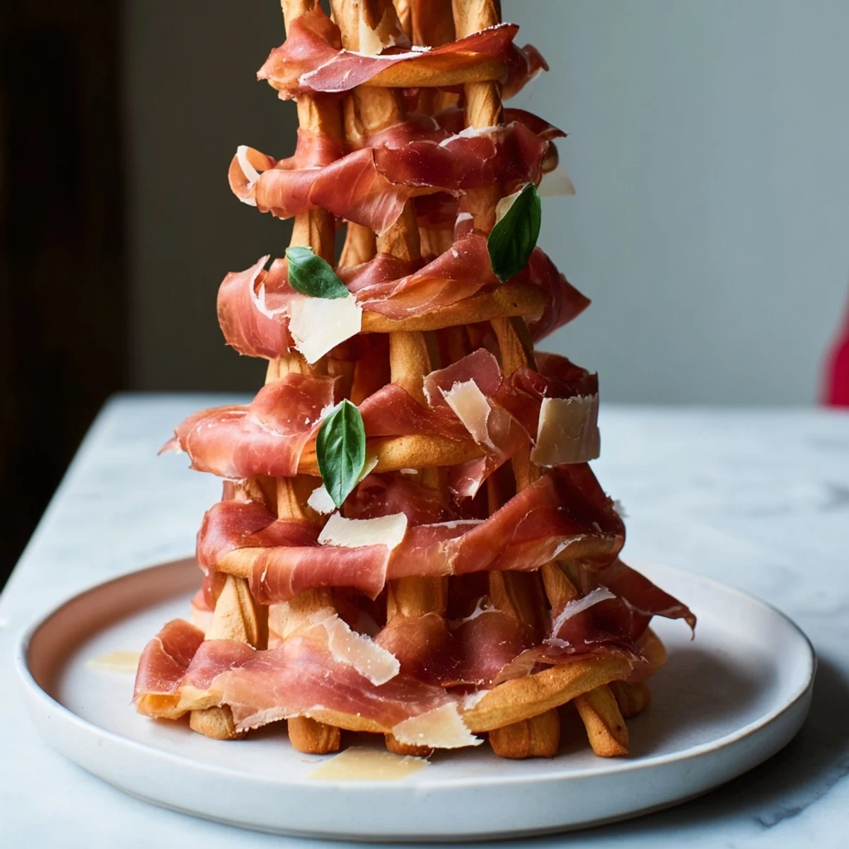 Creative photo: The Golden Gate appetizer shows prosciutto ribbons joining breadstick towers, a tasty appetizer idea.