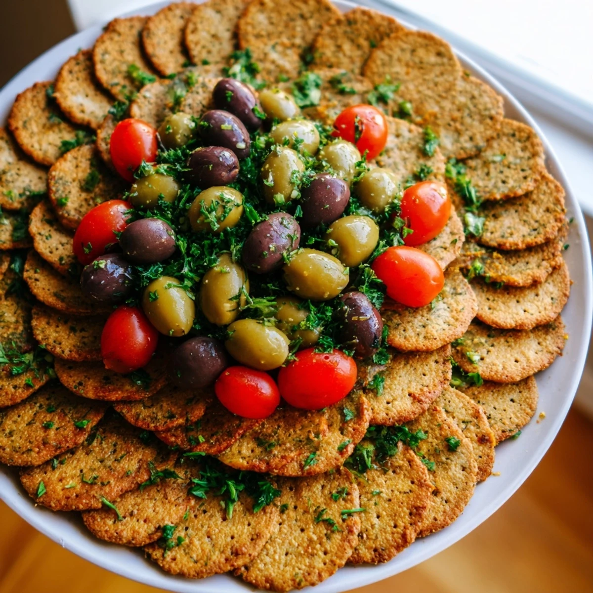 Crispy crackers form the Roman Colosseum Snack Platter's arena, olives standing as gladiators on a platter.