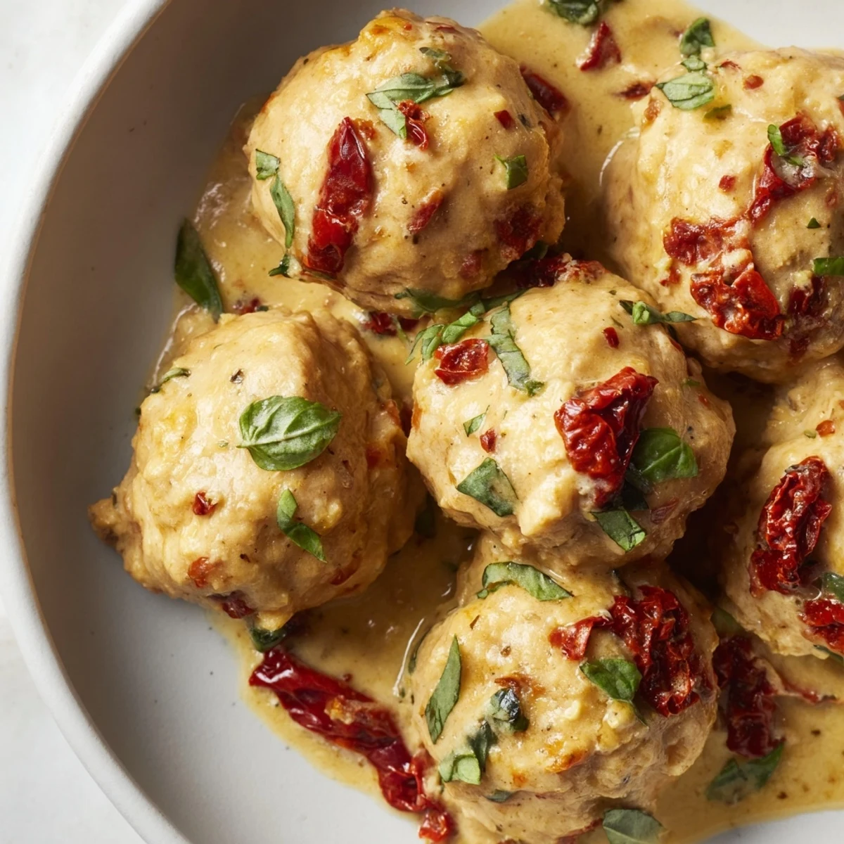 A close-up of delicious Marry Me Chicken Meatballs with rich sauce, garnished with fresh basil.