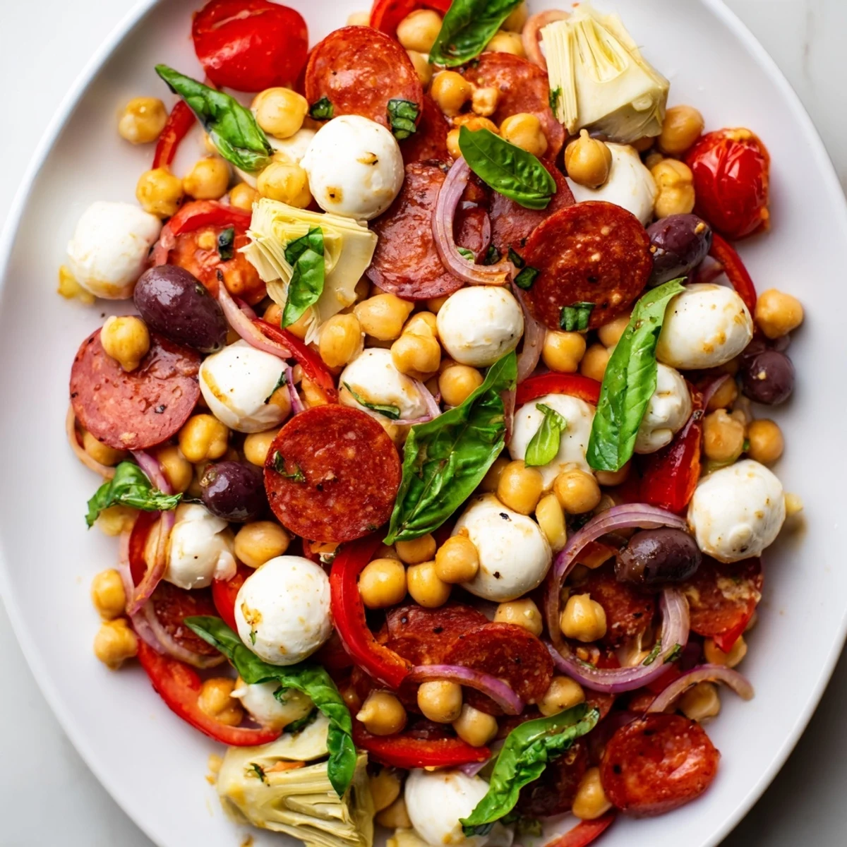 Vibrant Antipasto Chickpea Salad, bursting with colorful veggies and mozzarella pearls in a tangy Italian dressing.
