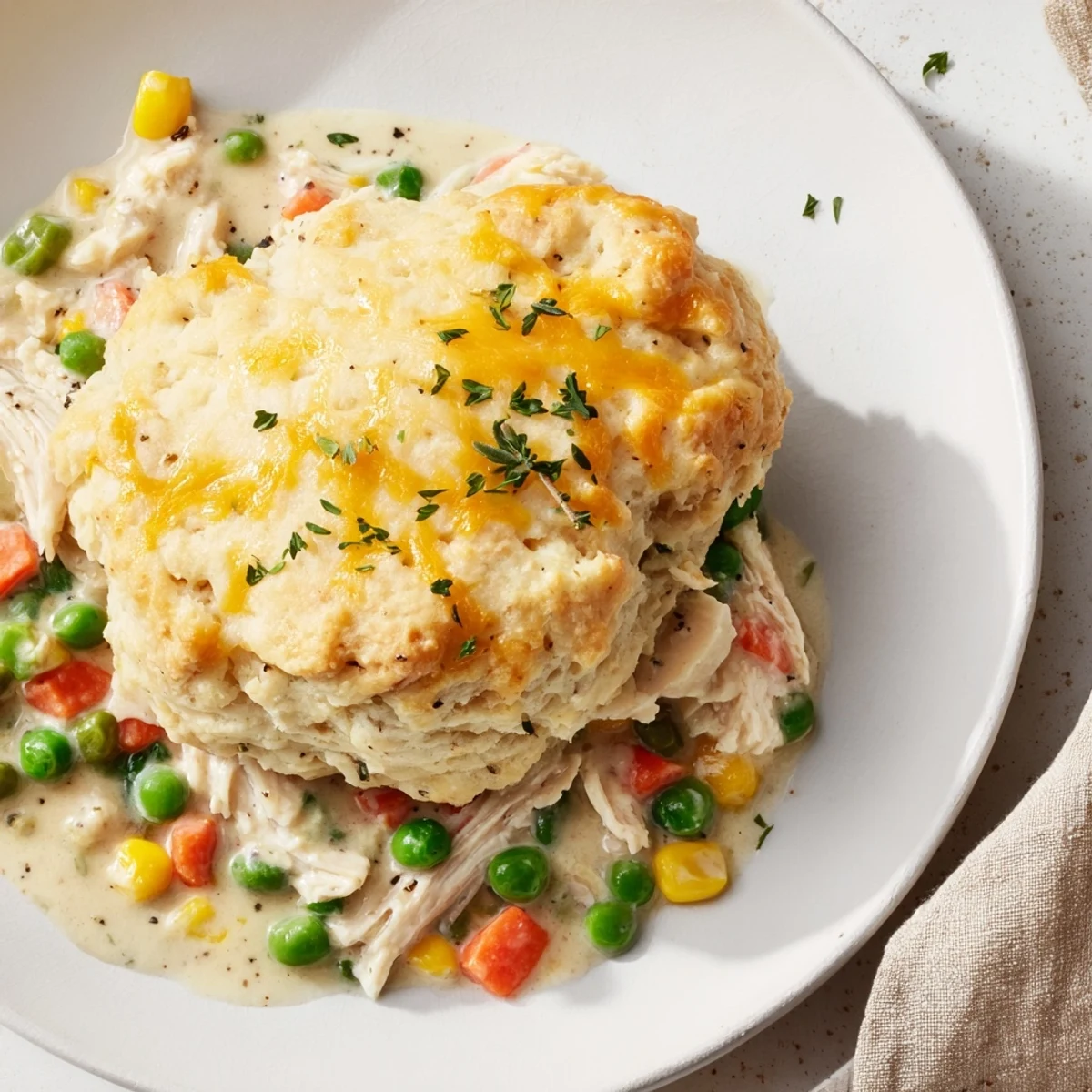 A warm Chicken Cobbler bubbling in dish, golden biscuit topping, ready to eat, featuring Red Lobster Mix.