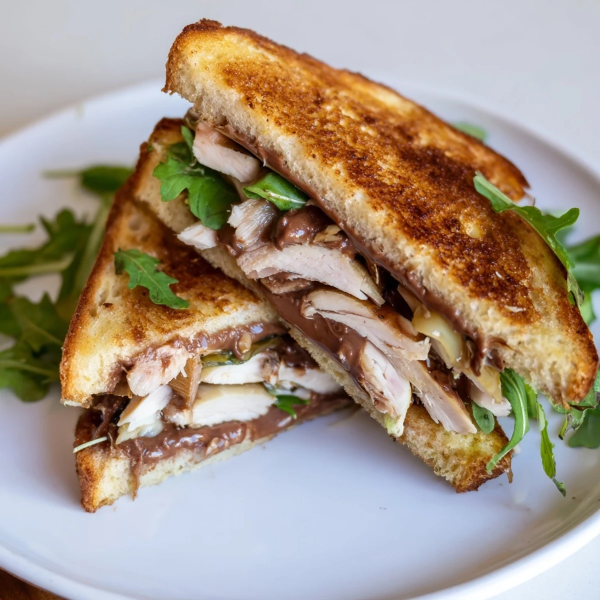 Golden brown Nutella grilled cheese with chicken, a melty, sweet and savory sandwich pleasure.