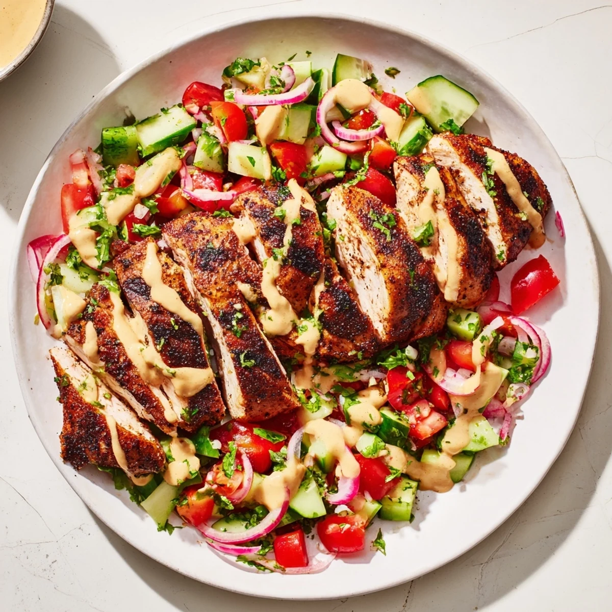 Chicken Shawarma Salad features spiced, sliced chicken atop a colorful tomato and cucumber salad.