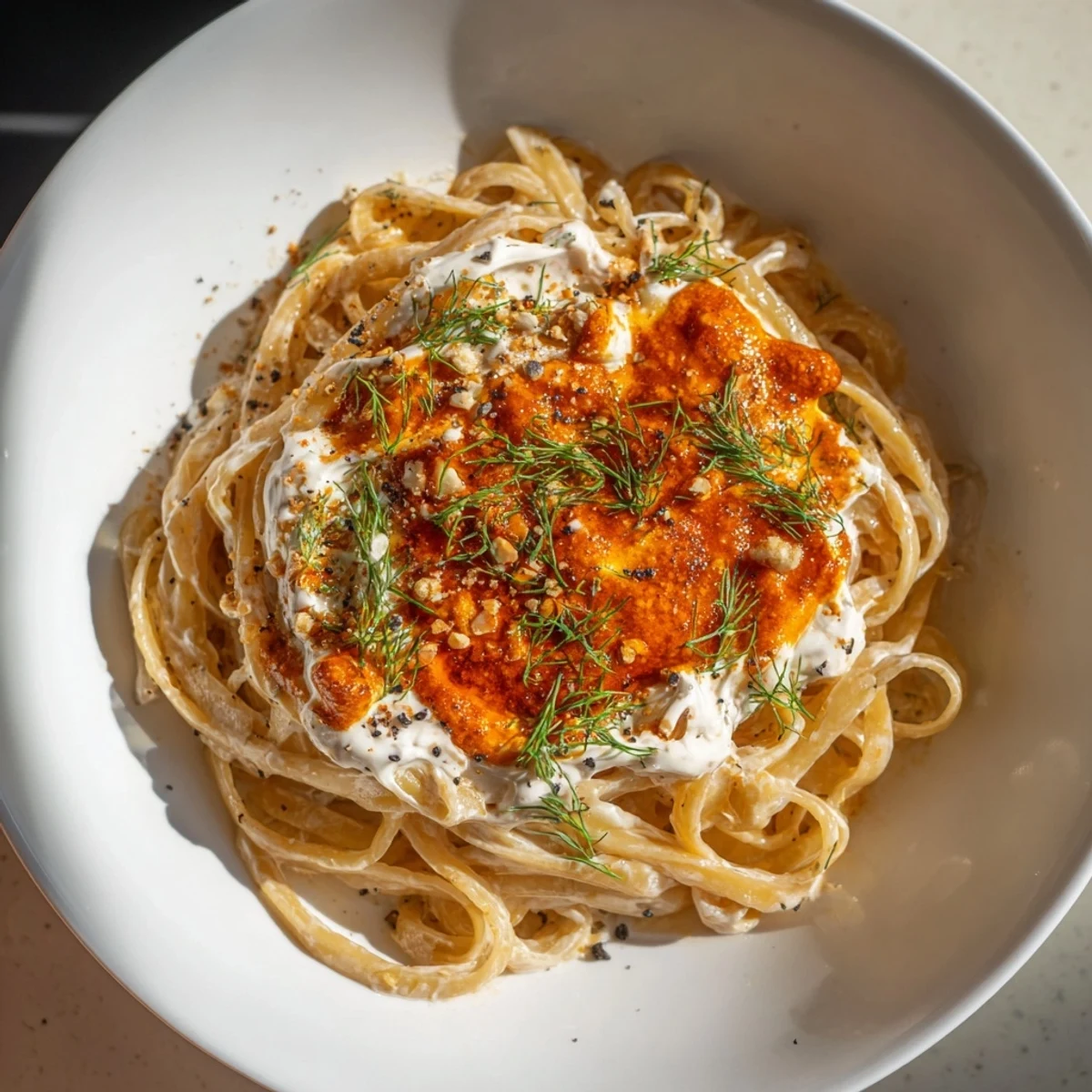 Tender pasta coated in vibrant paprika butter, a flavorful Turkish pasta dinner, garnished with herbs.