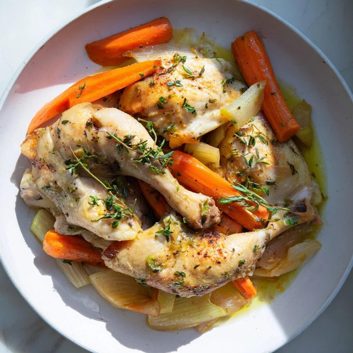 Georgia Pot Roast Chicken simmering in a Dutch oven with meltingly tender chicken thighs and vegetables.