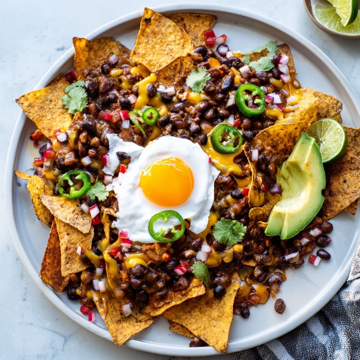 Warm, cheesy Egg-Topped Breakfast Nachos with sunny-side-up eggs, a vibrant Tex-Mex feast.