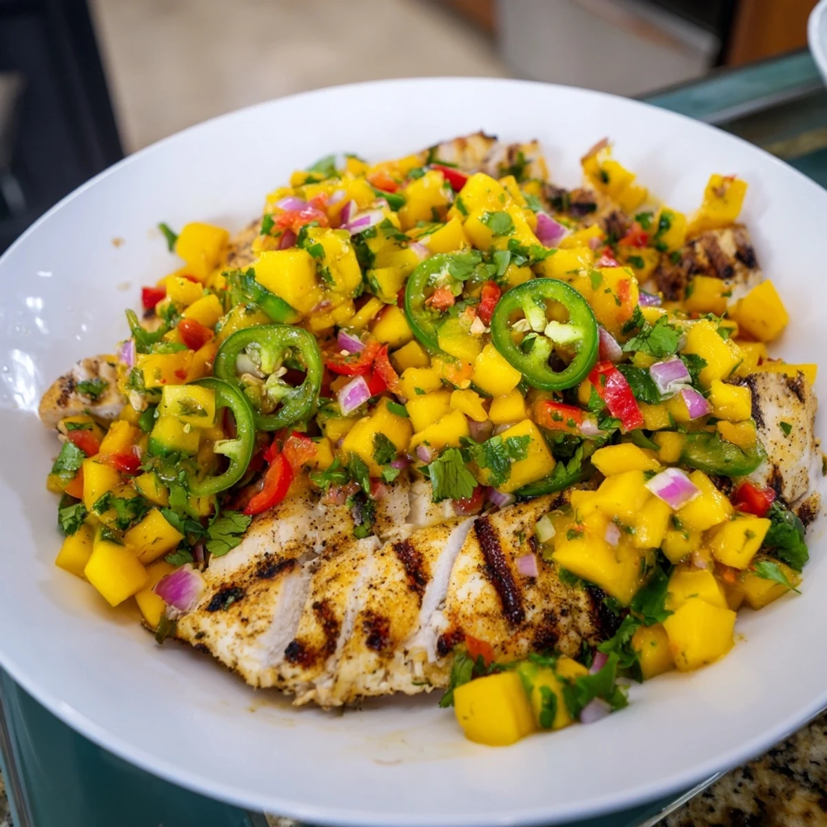 This vibrant plate of Grilled Mango Salsa Chicken showcases juicy chicken ready to be served.