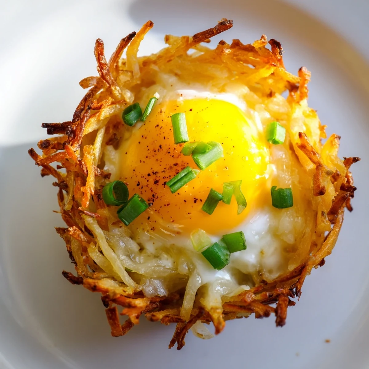 Golden, crispy hashbrown egg nests baked to perfection, overflowing with cheesy goodness.