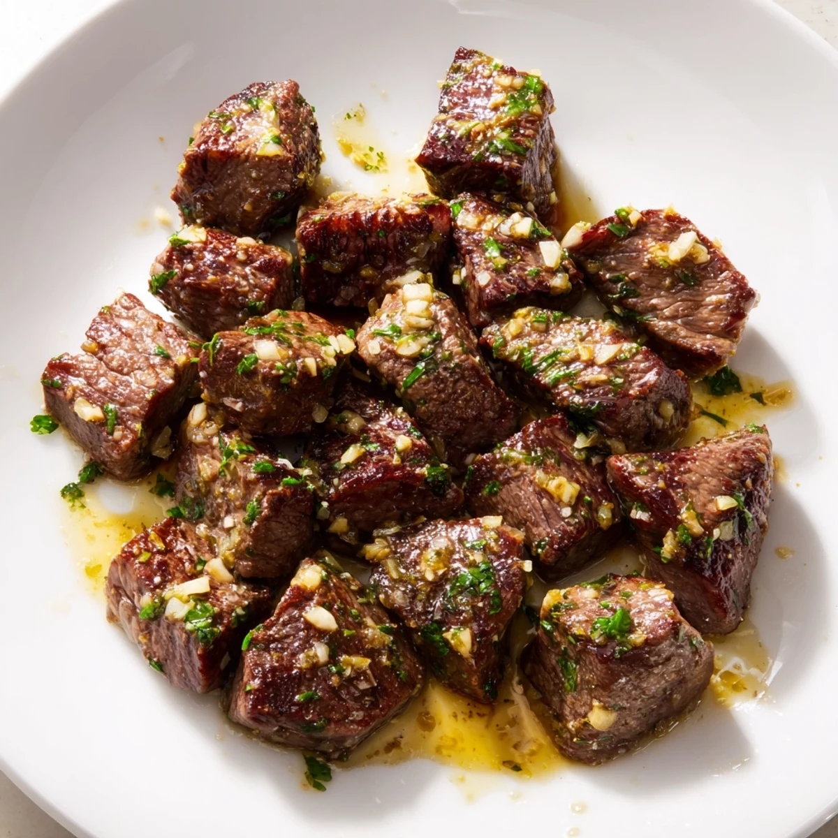 Close-up of golden brown air fryer garlic-butter steak bites, a delicious main dish option.