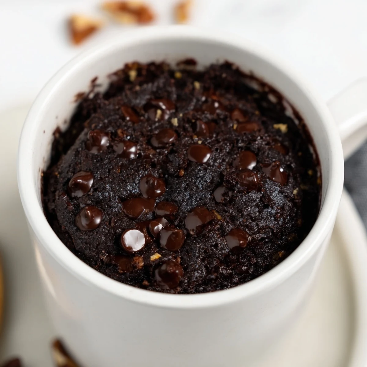 A steaming, single-serve chocolate Mug Brownie, perfect for a late-night treat, straight from the microwave.
