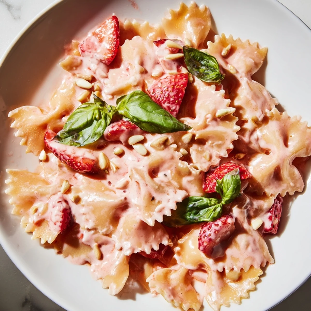 A big bowl of colorful Strawberry Sour Cream Pasta swirled and garnished with fresh basil leaves.
