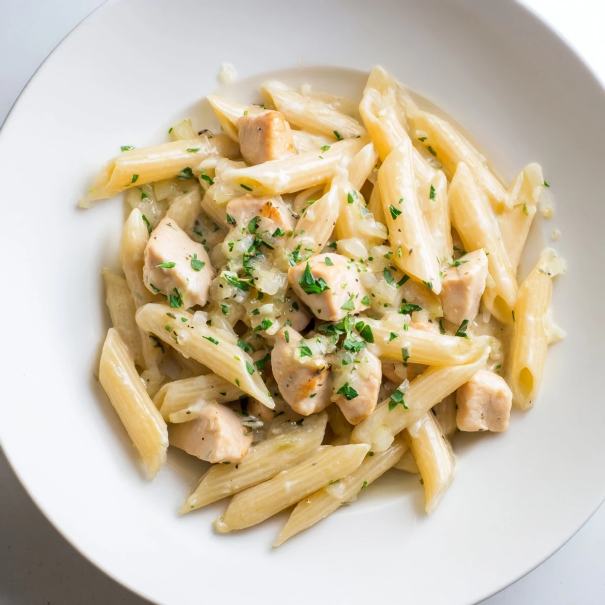 Close-up of Quick Garlic Parmesan Chicken Pasta simmering in a skillet with creamy sauce and herbs.
