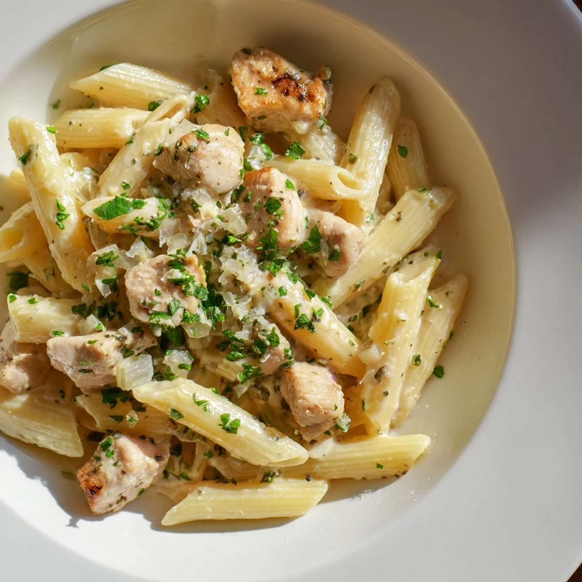 Tender chicken and penne pasta bathed in a rich Parmesan sauce showcased in this quick garlic Parmesan dish.