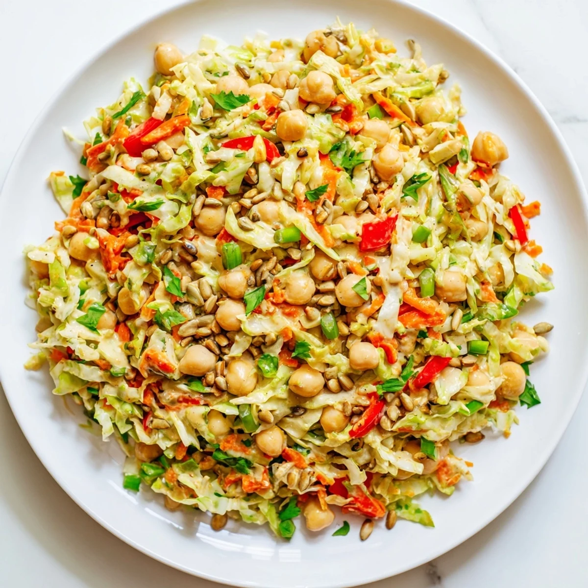 Refreshing Fiber-Forward Chickpea Salad: a delicious mix of chopped veggies and chickpeas, tossed together.