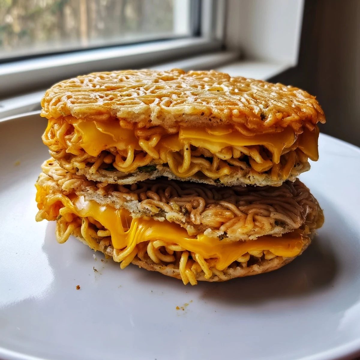 Golden-brown Ramen Grilled Cheese, boasting melted cheese oozing from crispy noodle "buns."