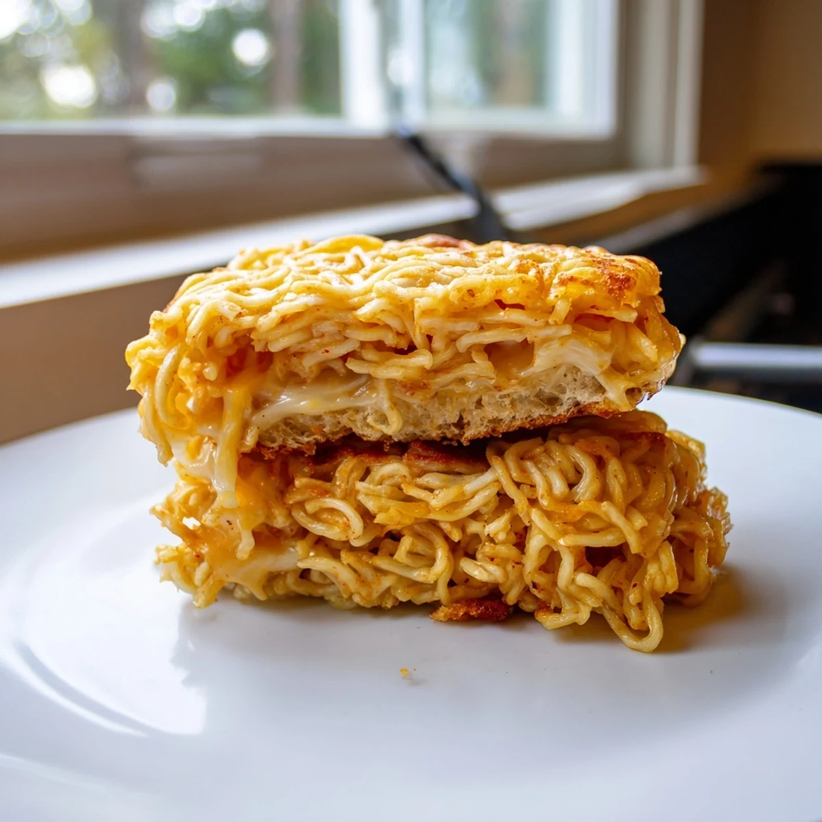 Delectable Ramen Grilled Cheese, a unique fusion snack, ready to be sliced and devoured.