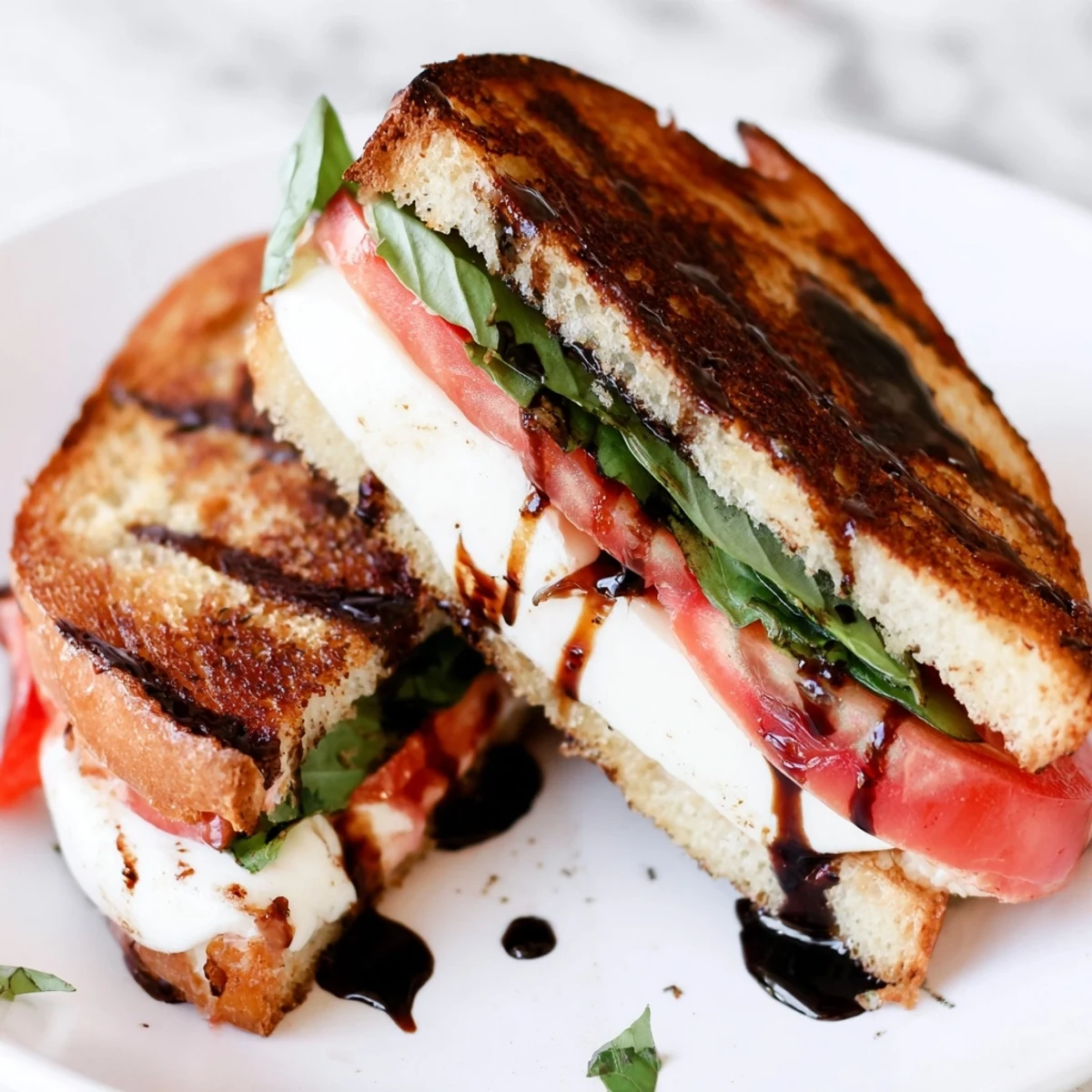 Golden, gooey Caprese Salad Grilled Cheese with melted mozzarella and fresh tomato slices.