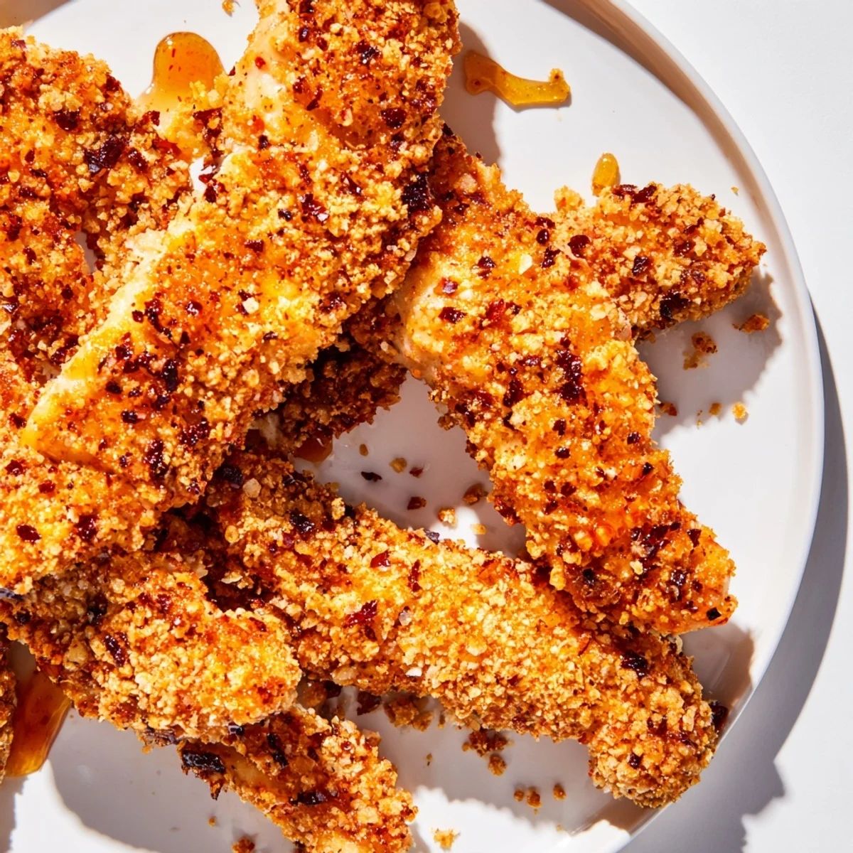 Close-up shot of hot honey coating the irresistible crispy panko chicken tenders being served.