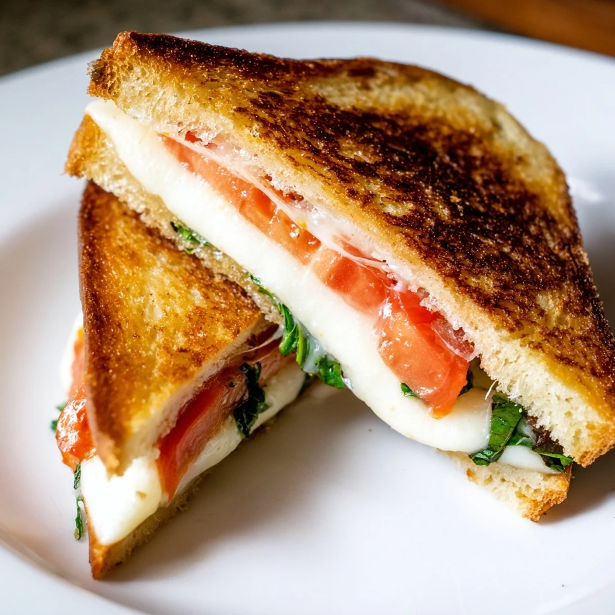 Golden toasted Tomato Basil Grilled Cheese, oozing with melted mozzarella and fresh tomato slices.