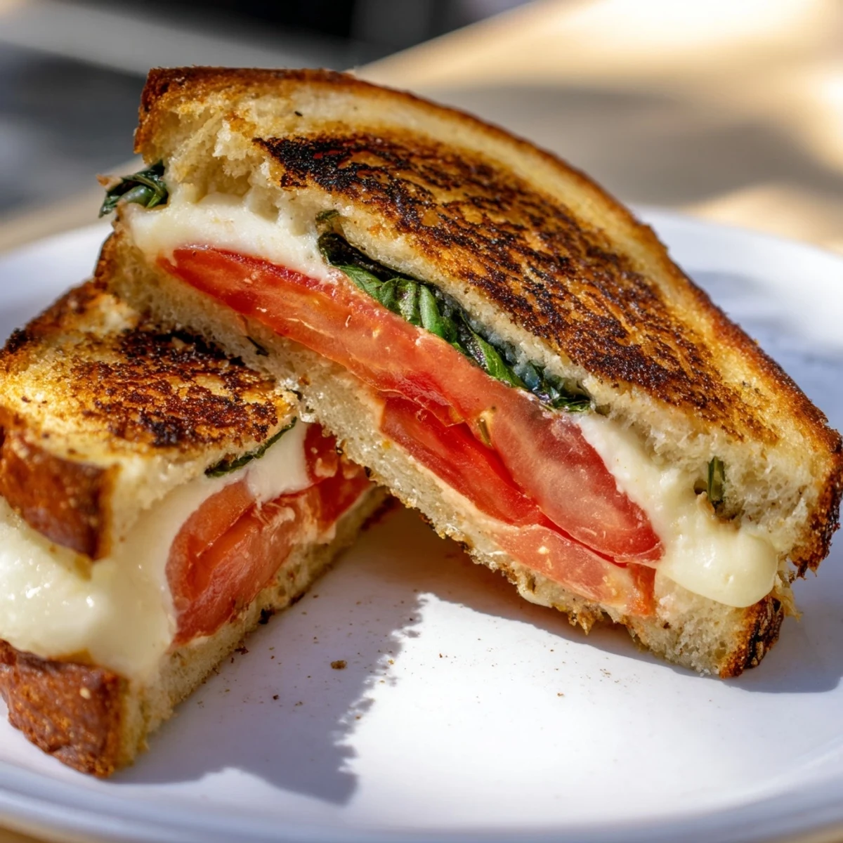 A close-up of a perfectly grilled Tomato Basil Grilled Cheese, ready for a delicious lunch.