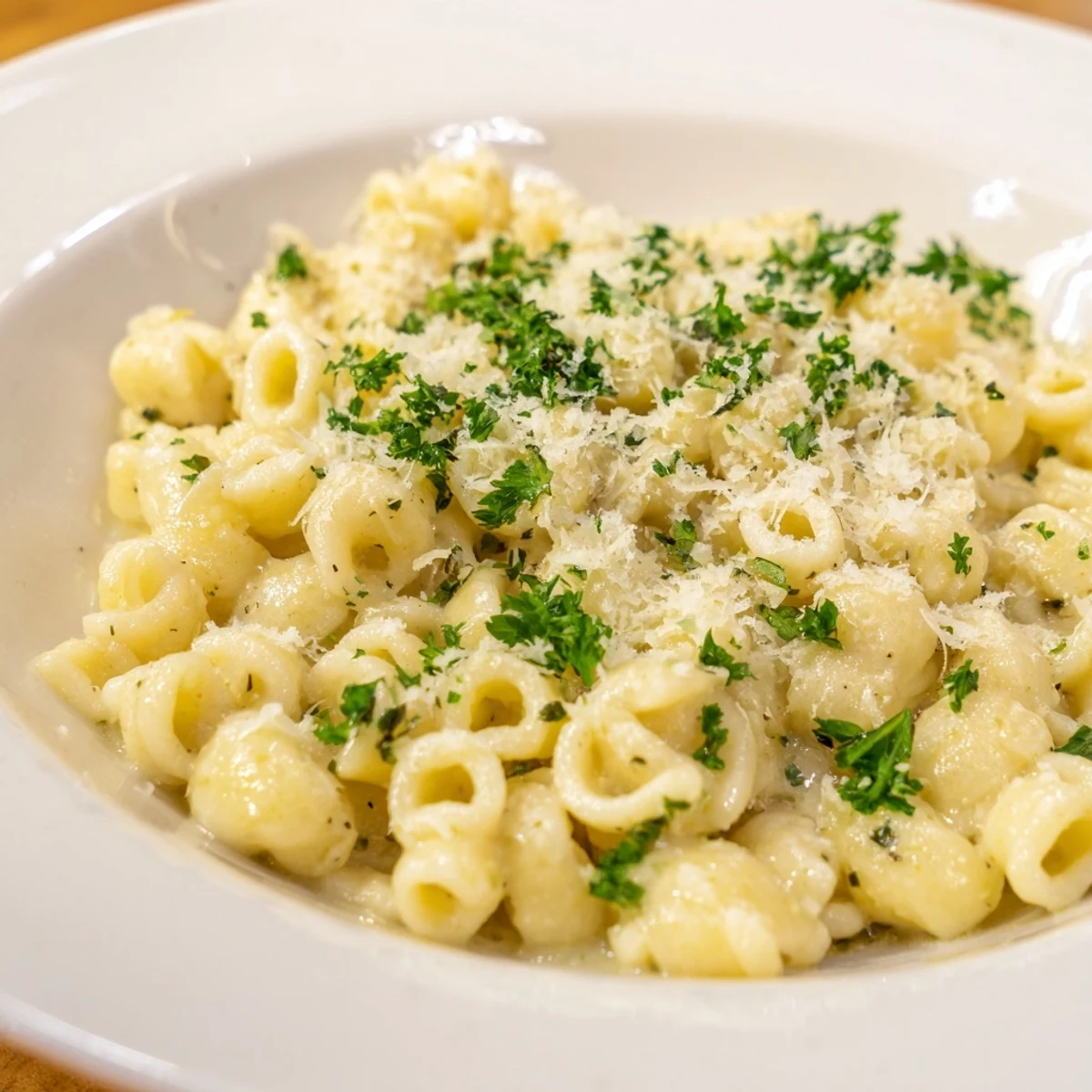 Steaming bowl of creamy garlic ditalini pasta, garnished with fresh parsley and extra Parmesan.