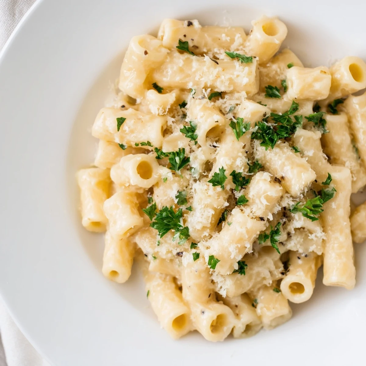 A close-up view of creamy garlic ditalini pasta, smelling of fresh garlic and herbs, ready to enjoy.