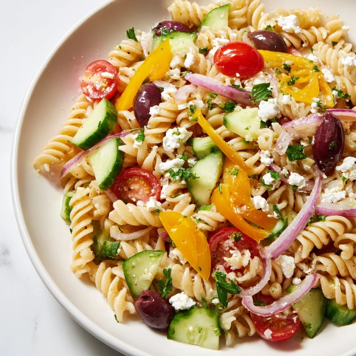 Close-up of a delicious lemon pasta salad, perfect for a picnic or light lunch.