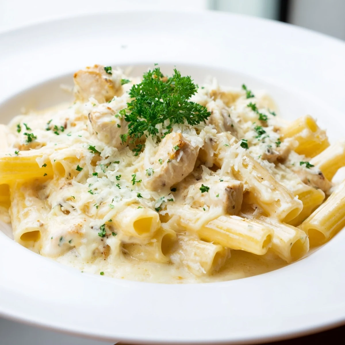 Golden, bubbly Chicken Alfredo Bake with tender chicken and creamy sauce, perfect for a hearty dinner.
