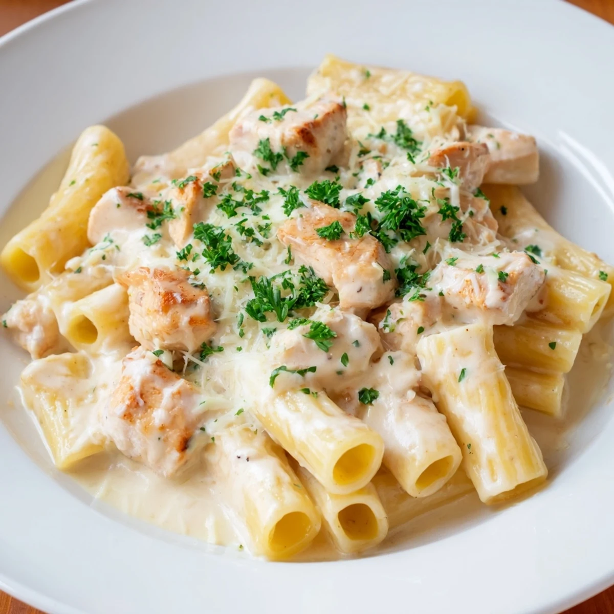 Steaming hot Chicken Alfredo Bake served on a plate, smelling of fresh parsley and Italian herbs.